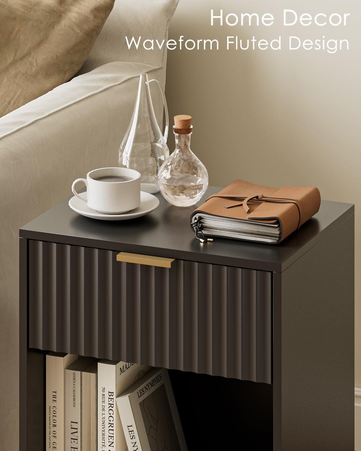 Modern Black Fluted Bedside Table with Drawer & Shelf – Gold Metal Legs