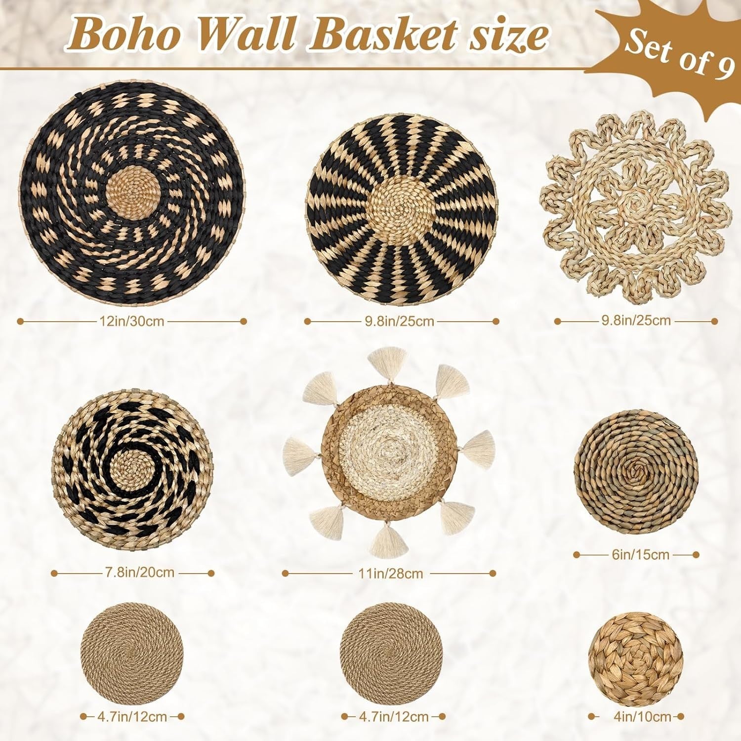 Boho Woven Wall Basket Set 9pcs Rattan Willow Round Decor