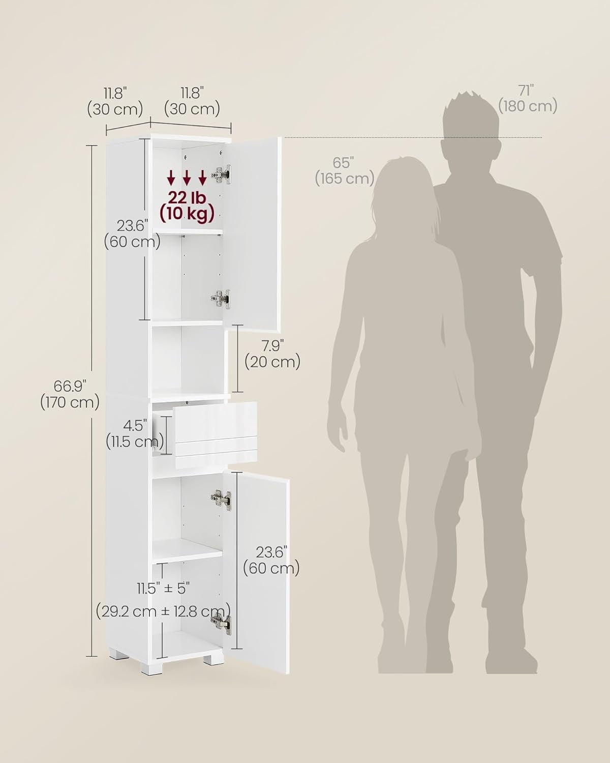 Tall Slim Bathroom Storage Cabinet White Cupboard with Drawer & Shelves