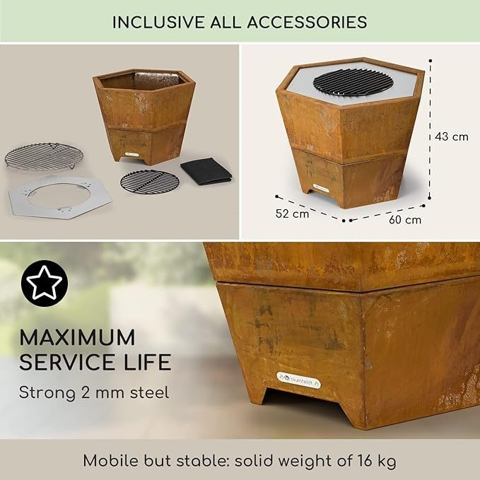 Outdoor Fire Pit Bowl with Grill – Weatherproof Steel Garden Fireplace 60cm