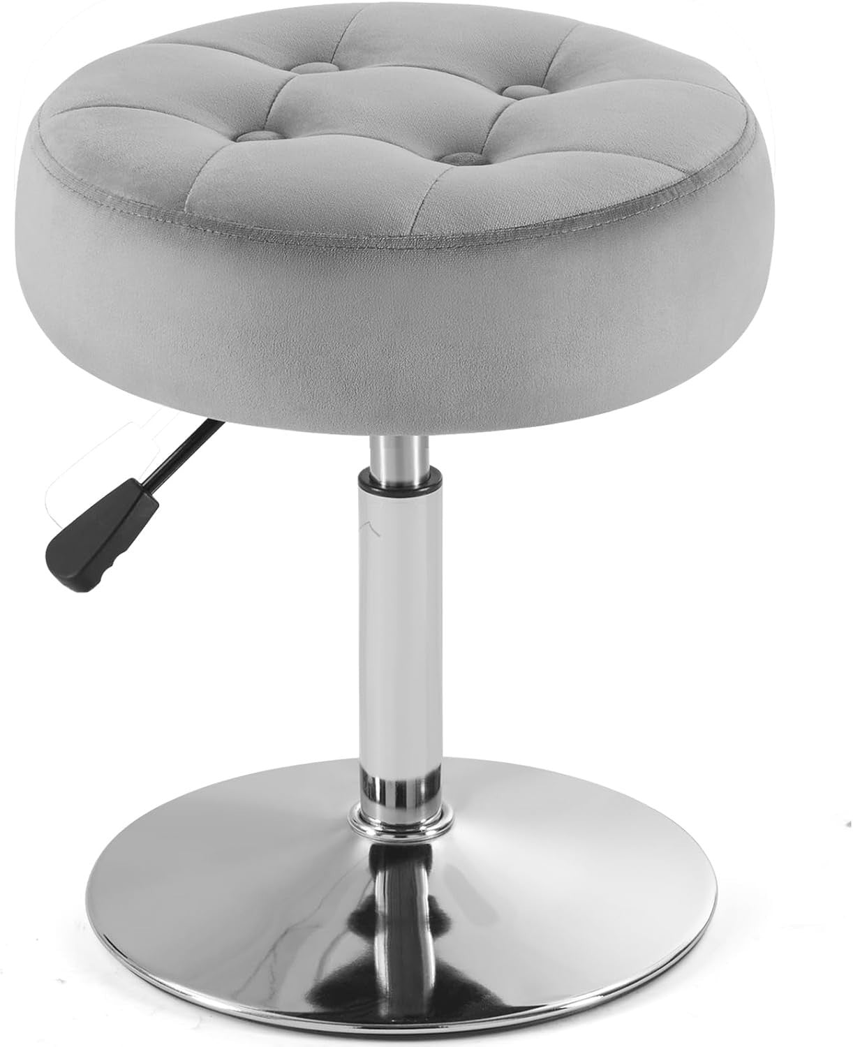 Grey Velvet Adjustable Vanity Chair – Round Swivel Makeup Stool Chrome Base