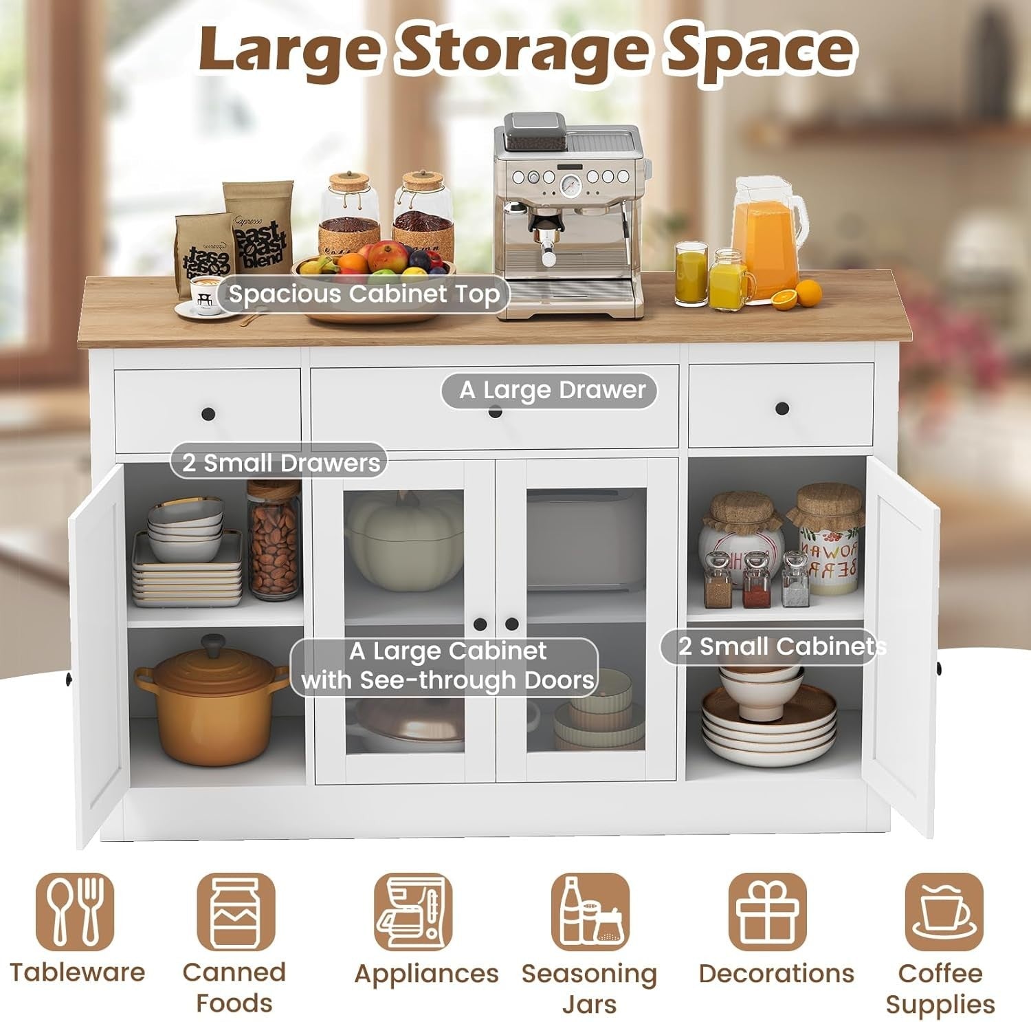 140cm White Buffet Sideboard Cabinet 3 Drawers 2 Glass Doors Adjustable Shelves