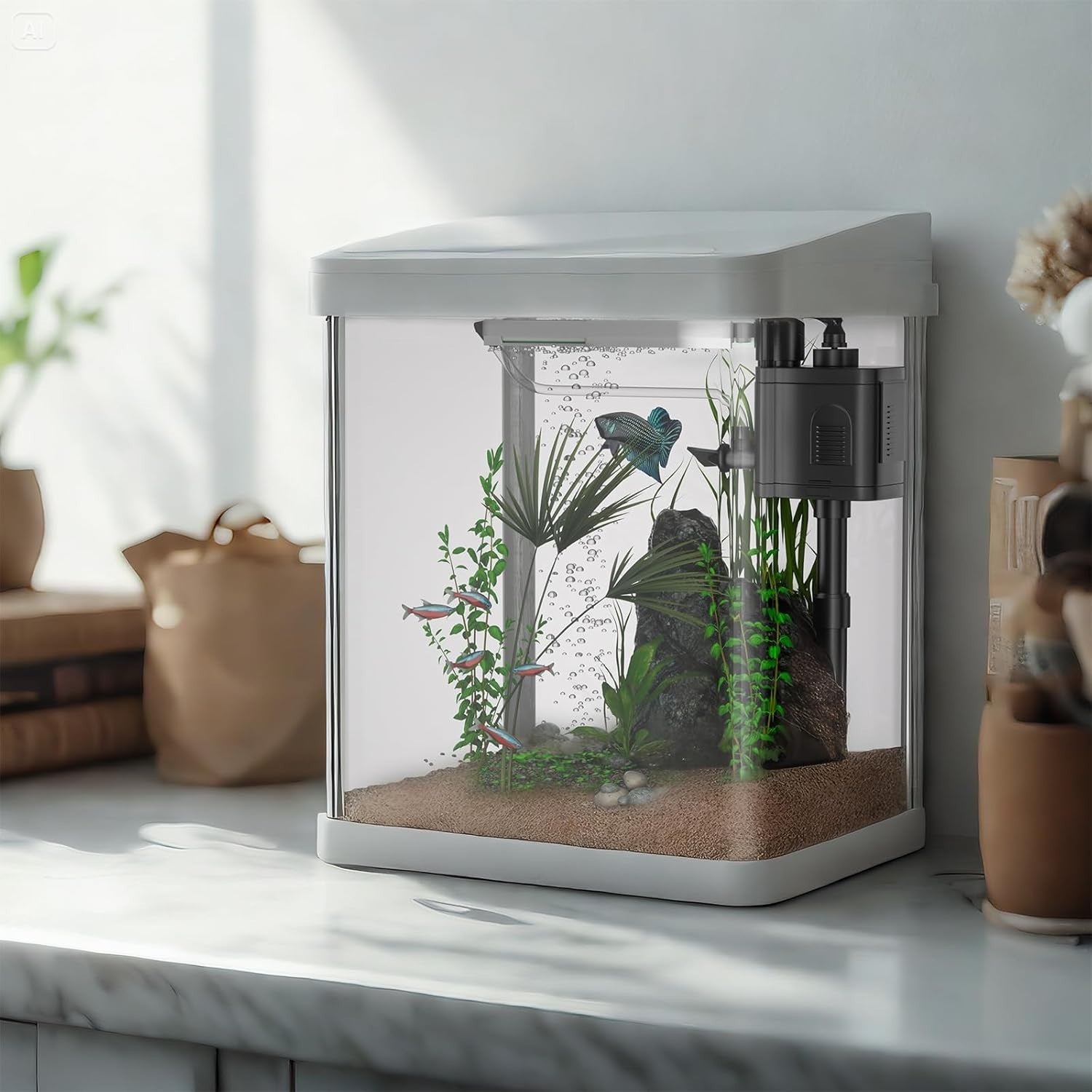 9L Glass Fish Tank with Filter, LED Light & Water Pump – Mini Aquarium