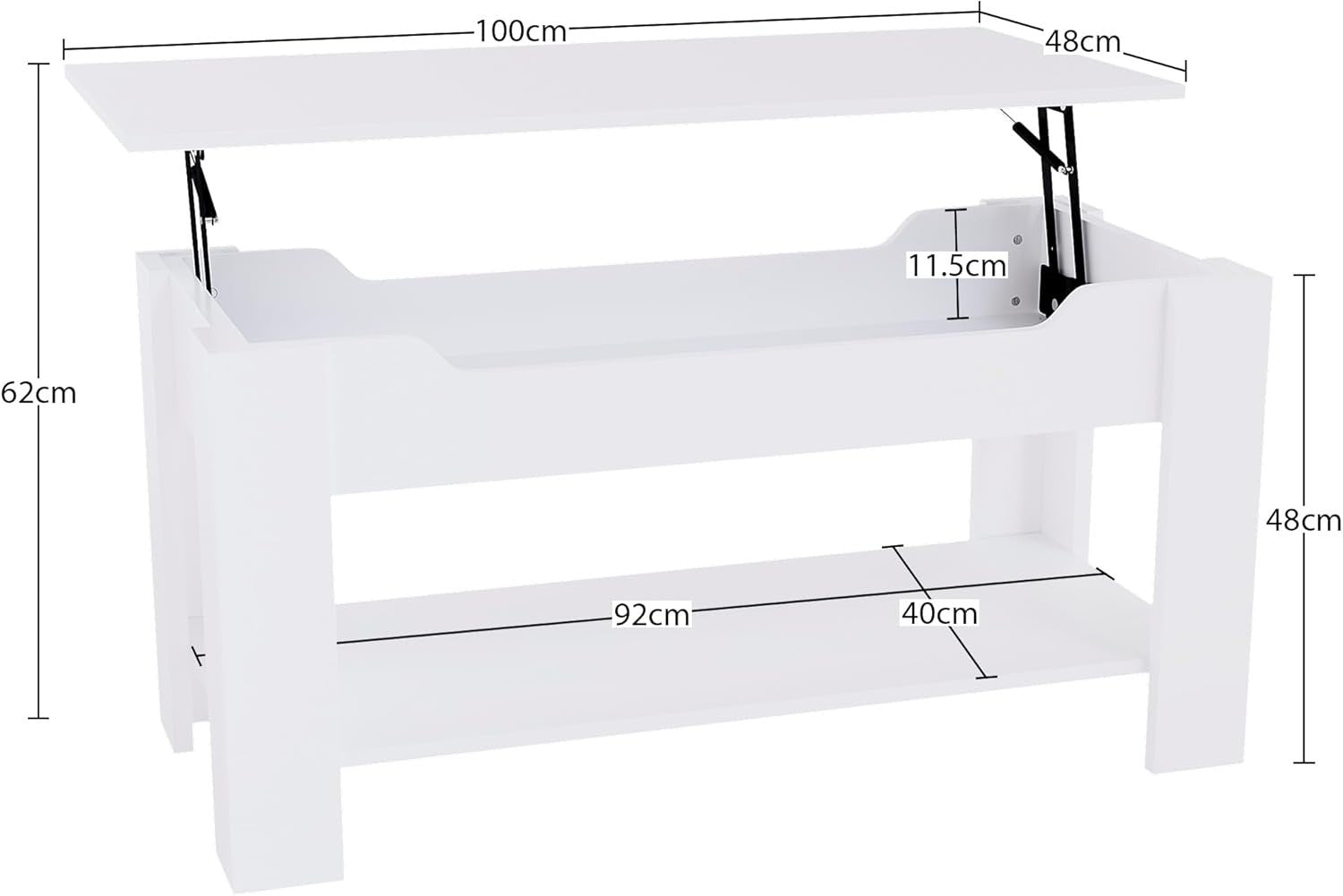 Lift-Up Coffee Table with Hidden Storage & Shelf White 100x48x48cm