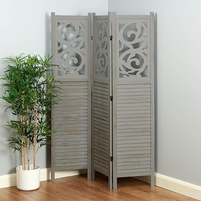 Grey Wooden Room Divider 3 Panel Folding Screen – Rustic Privacy Partition Decor