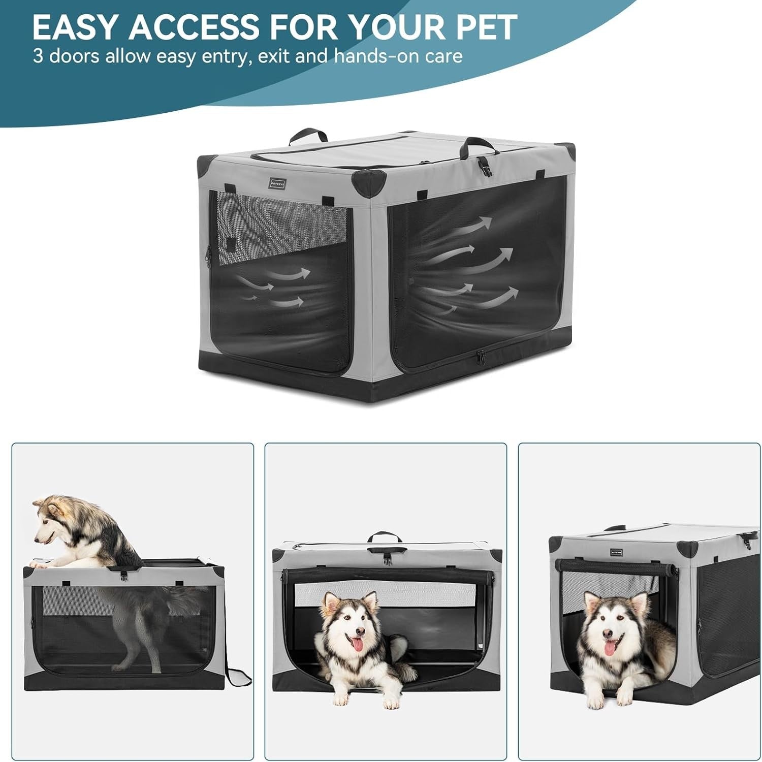Foldable Large Soft Dog Crate – Portable Travel Kennel for Home & Car (Grey)