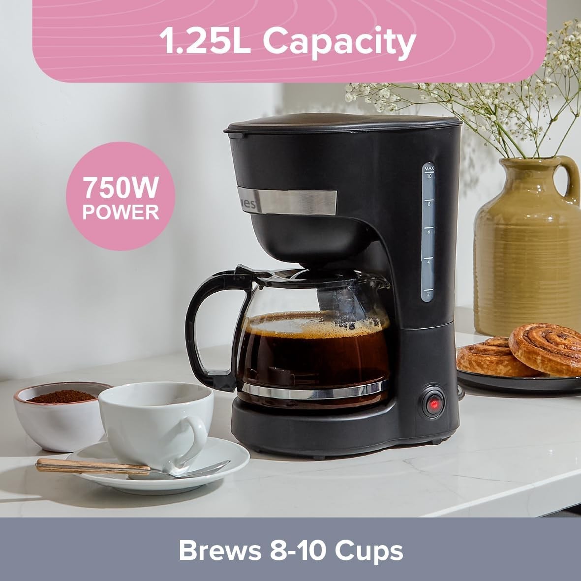 Large Capacity Filter Coffee Machine 1.25L Anti-Drip Reusable Filter Easy Clean
