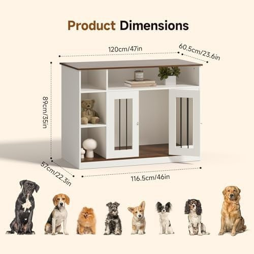 Wooden Dog Crate Furniture White – Lockable Medium Pet Kennel Cabinet