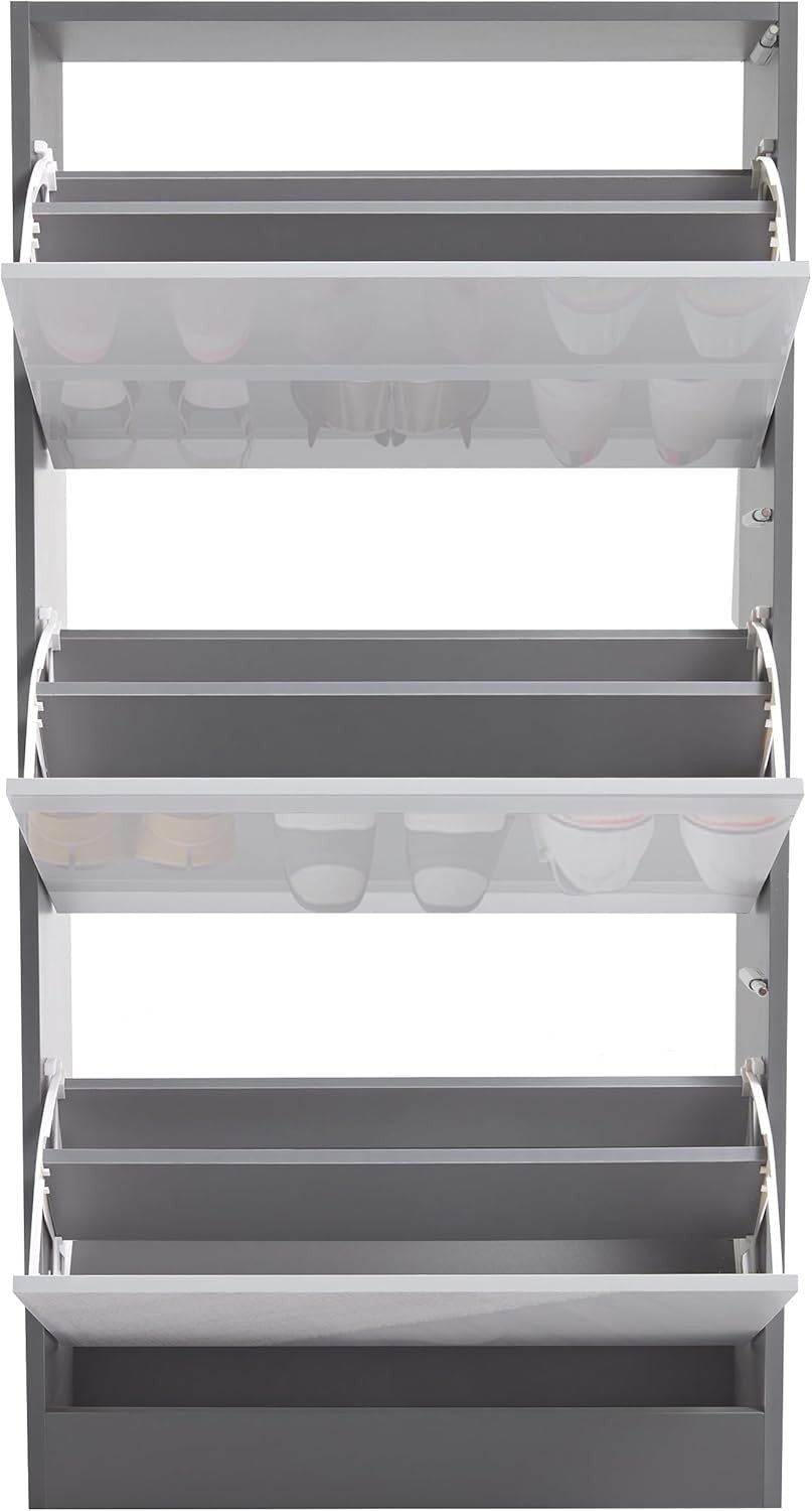 High Gloss Light & Dark Grey 3 Drawer Shoe Cabinet Modern Slim Storage