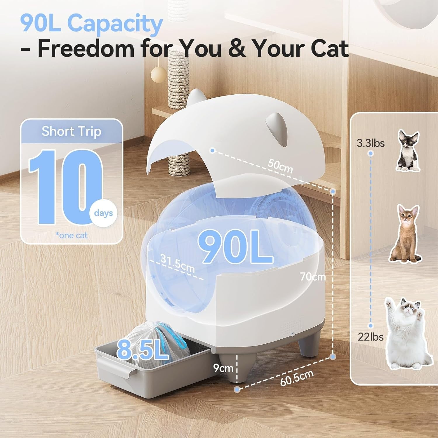 XXL Self Cleaning Cat Litter Box 90L APP Control Multi Cat White