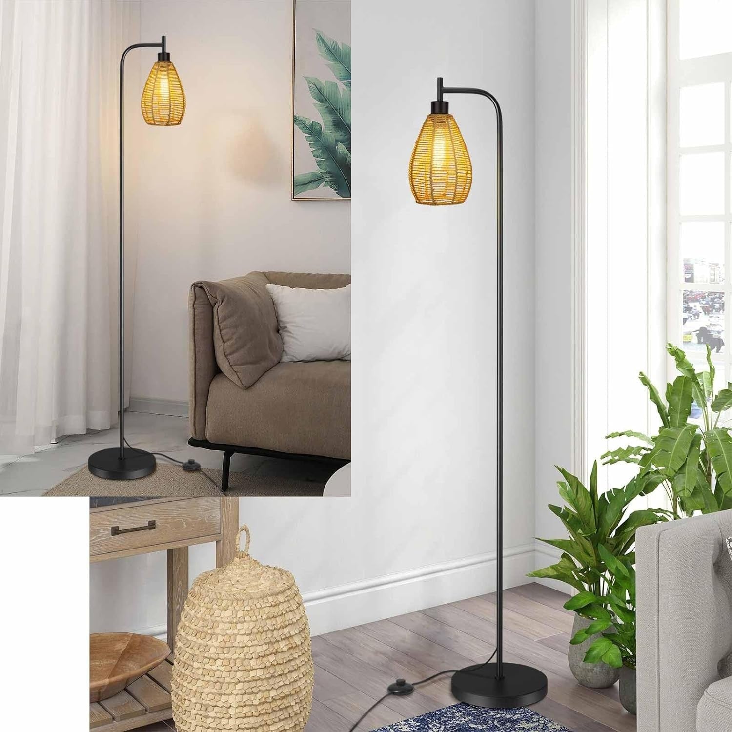 Farmhouse Floor Lamp Tall Standing Light Woven Rope Cage Pedal Switch