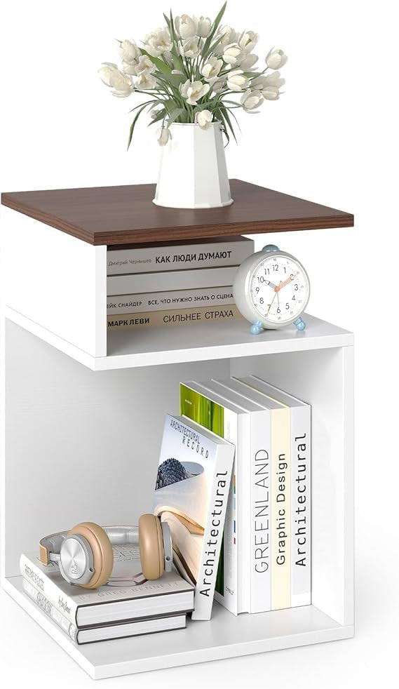 COSTWAY S-Shaped End Table, Narrow Sofa Side Table with 2 Open Storage Shelves,