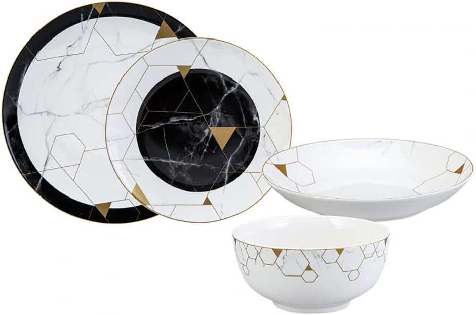 24pc Bone China Dinnerware Set Black White Gold Marble Luxury Plates