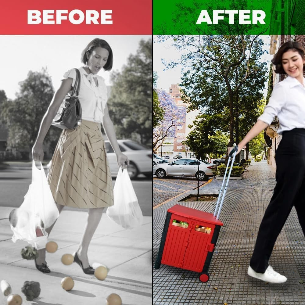 50L Foldable Shopping Trolley Cart with 2 Wheels & Telescopic Handle Red