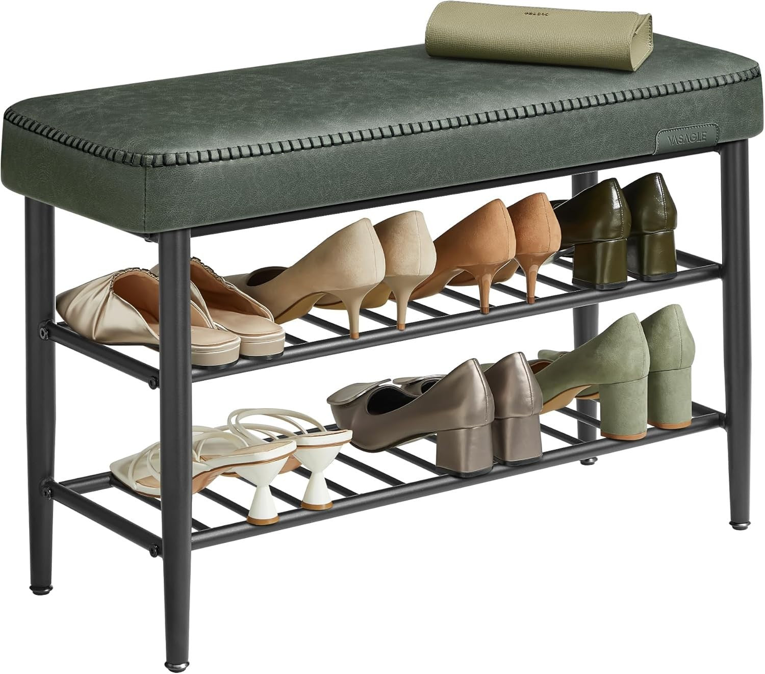 Mid Century Shoe Bench 3 Tier Storage Seat Faux Leather 135kg Load 80cm Green