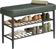 Mid Century Shoe Bench 3 Tier Storage Seat Faux Leather 135kg Load 80cm Green
