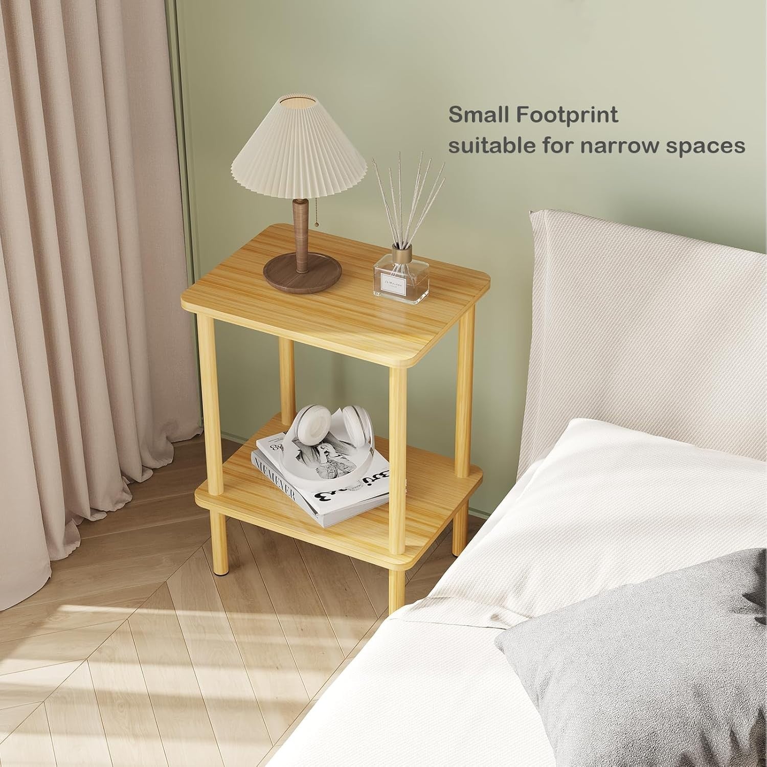 Narrow 2-Tier Oak Side Table – Small Bedside, End Table w/ Storage Shelf