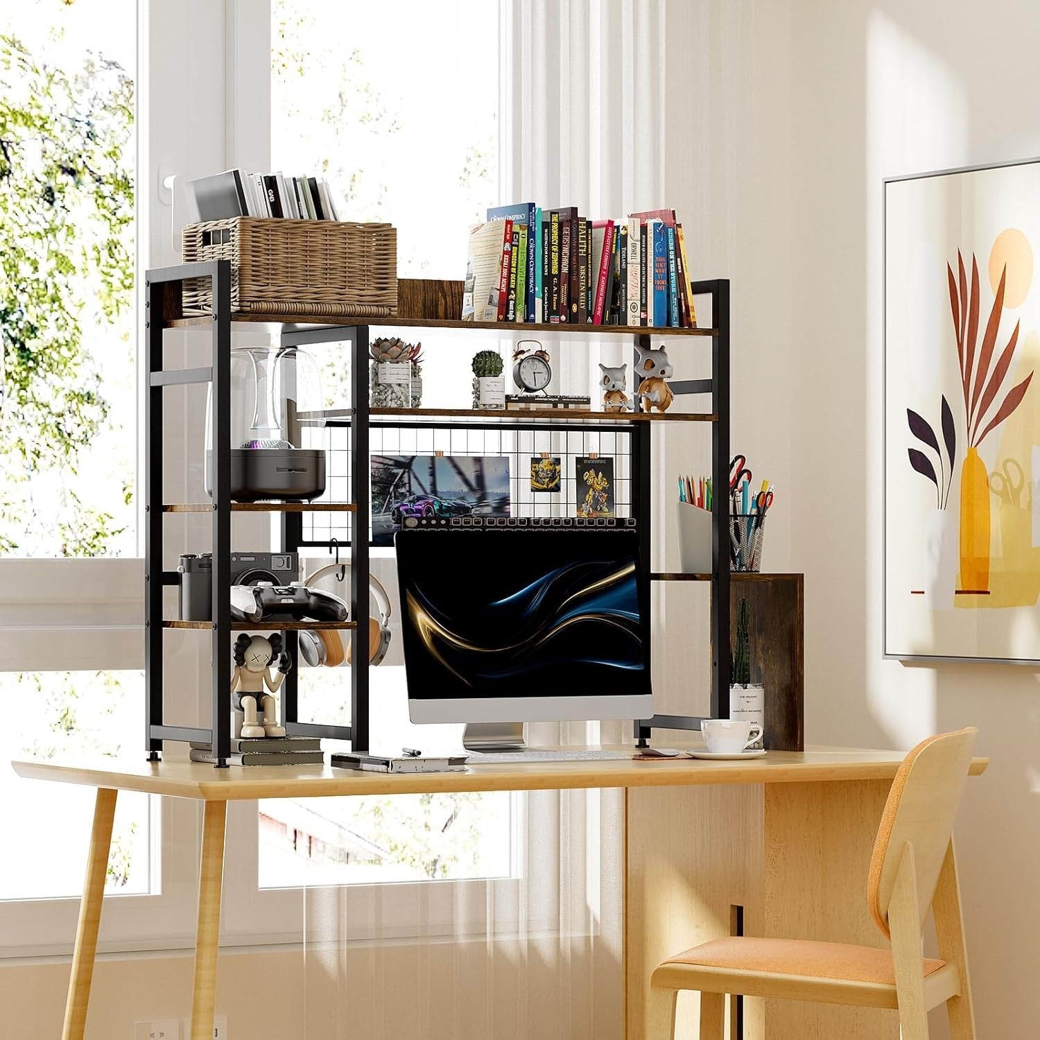 2-Tier Rustic Wood Metal Desktop Bookshelf Hutch Organizer Rack 105cm