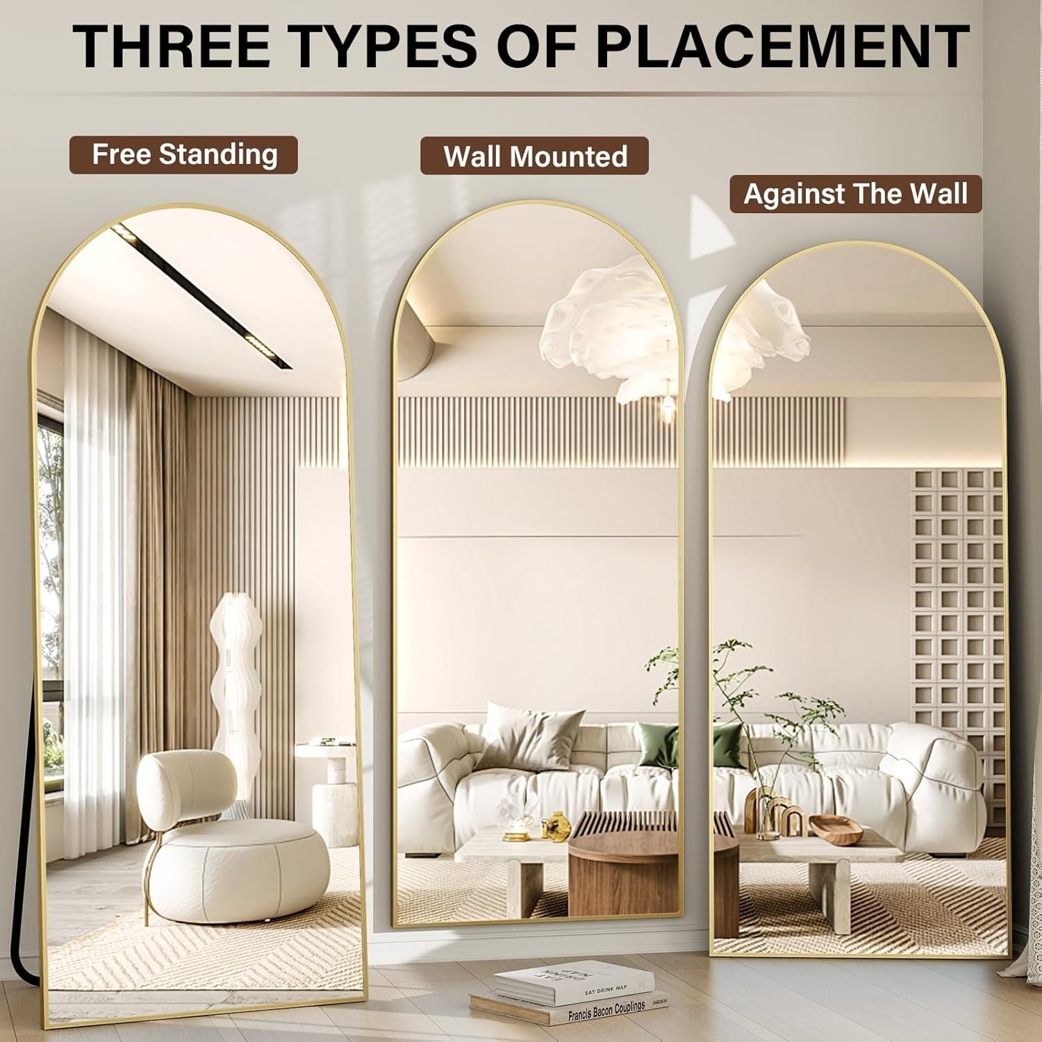 Arched Full Length Mirror 165x60cm Wall Standing Gold Frame, Shatterproof