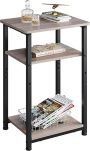 3-Tier Side Table – 56x37x31cm End Table Oak Wood Steel Frame