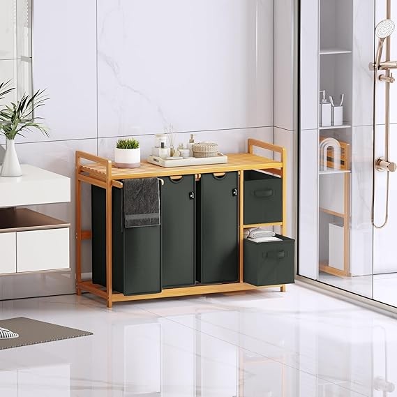 5-Compartment Bamboo Laundry Sorter with 3 Bags & 2 Drawers | 190L Organiser