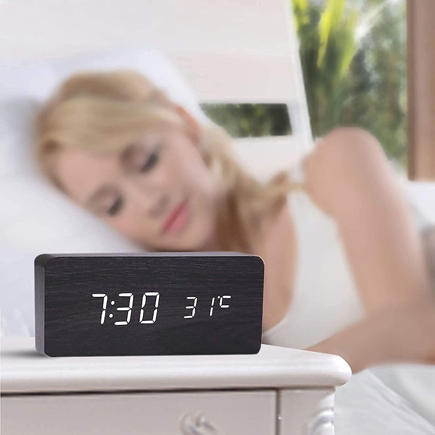 Wooden LED Digital Alarm Clock Silent Bedside Temperature Display