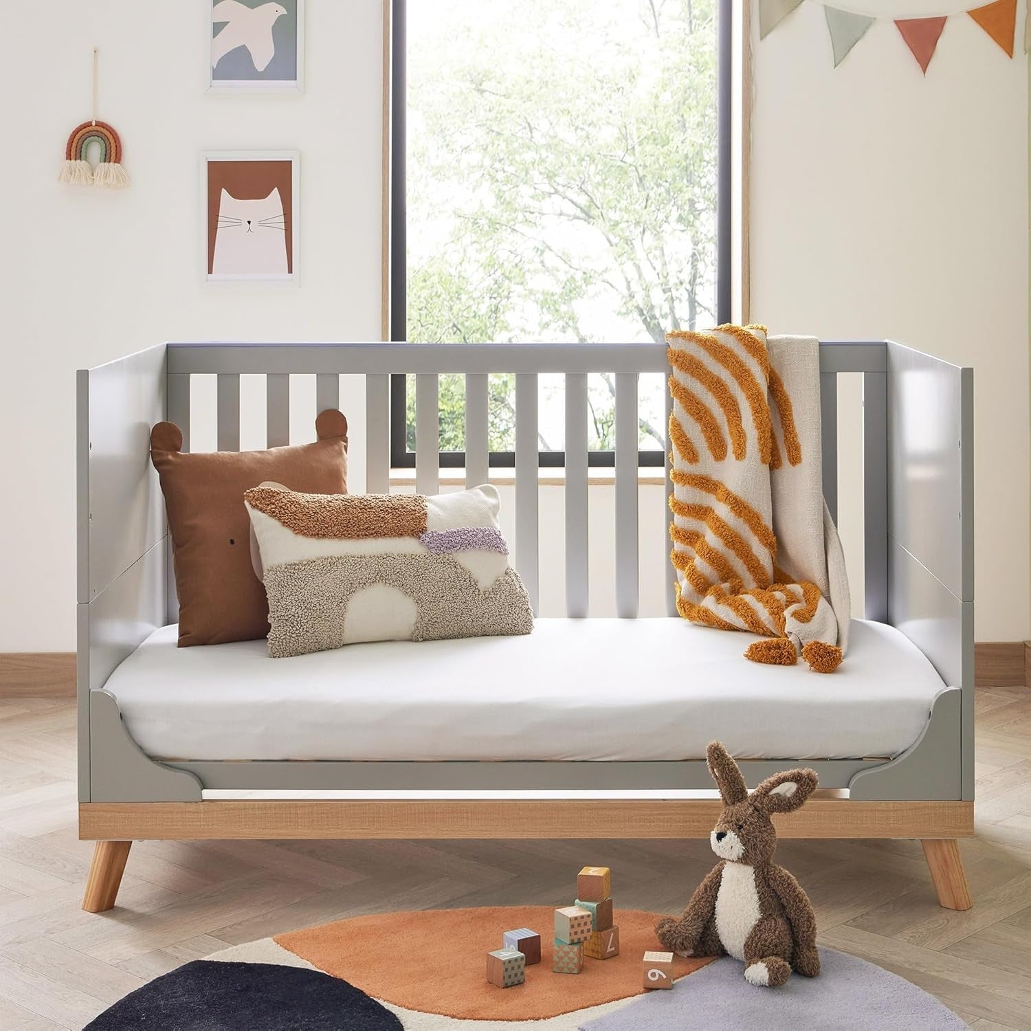 Convertible Grey Baby Cot Bed 3 Height Adjustable Toddler Bed 145x76x89 cm