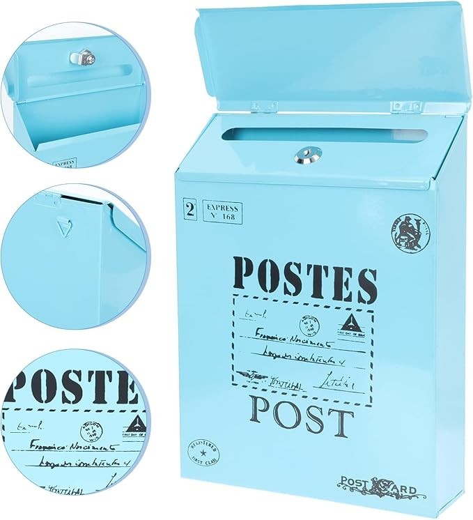 Wall Mount Lockable Mailbox Blue Iron Vintage Outdoor Post Box 30x22x7cm