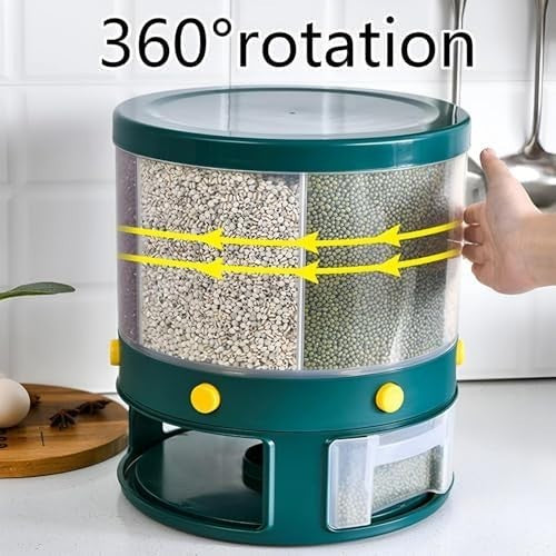10KG 6-Grid Rotating Grain Dispenser Airtight Rice Storage Container