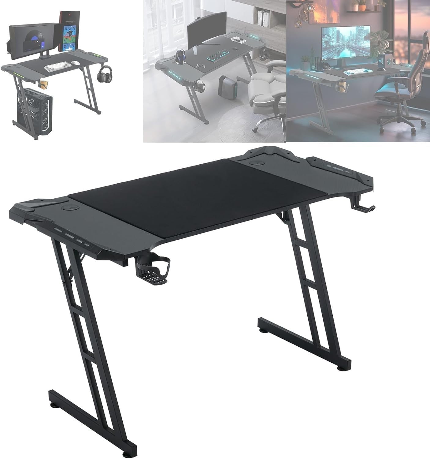 Gaming Desk w/LED 140×60cm Carbon Fiber Computer Table, Black Z-Frame