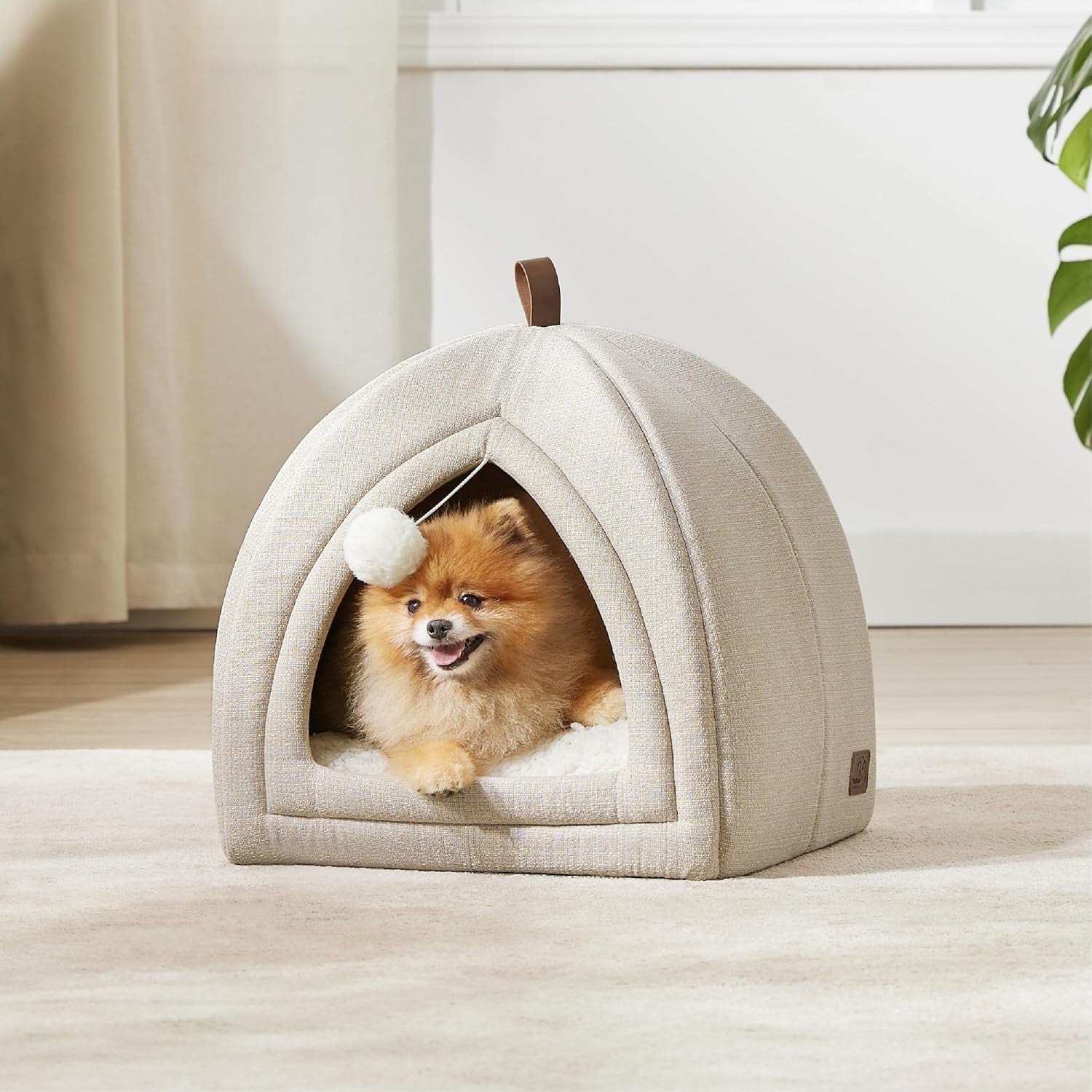 Large Cat Cave Bed 44cm Igloo Tent Washable Cushion Beige