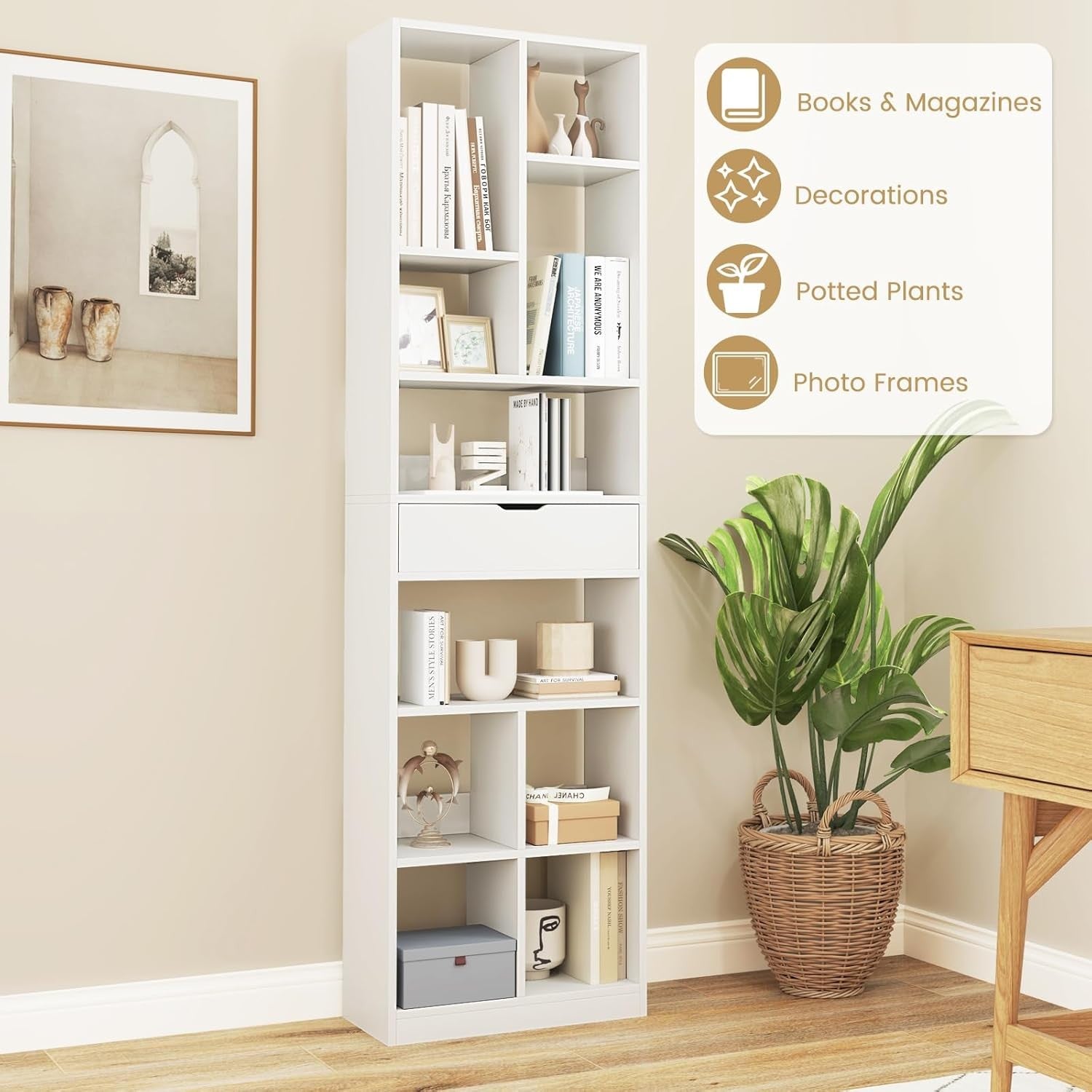 Tall Geometric Bookshelf with Drawer, 180cm Modern Display & Storage Unit