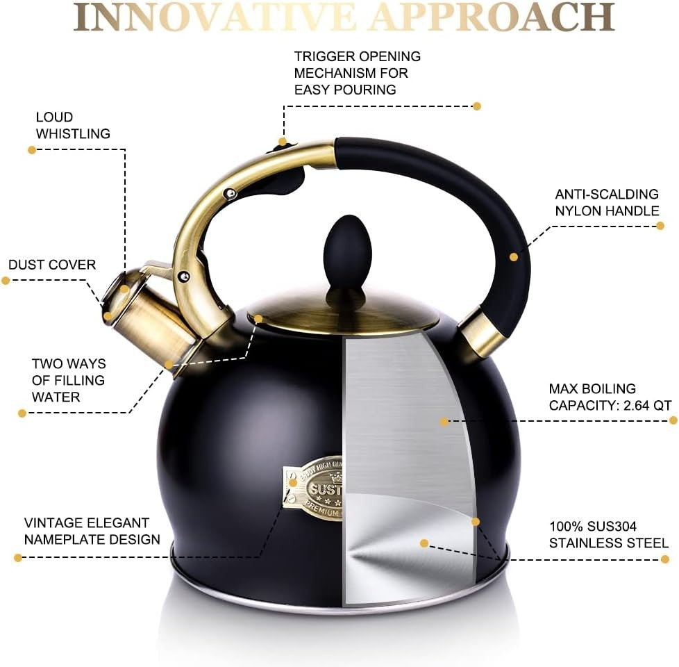 3L Whistling Tea Kettle Stainless Steel Stove Top Teapot Black