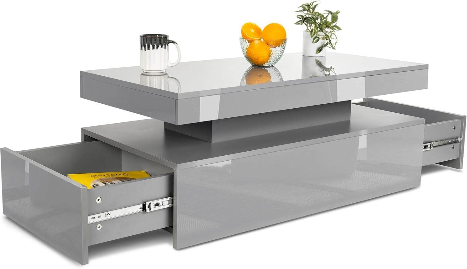 Grey LED Coffee Table with 2 Drawers, High Gloss, RGB Lights 94x47x38cm