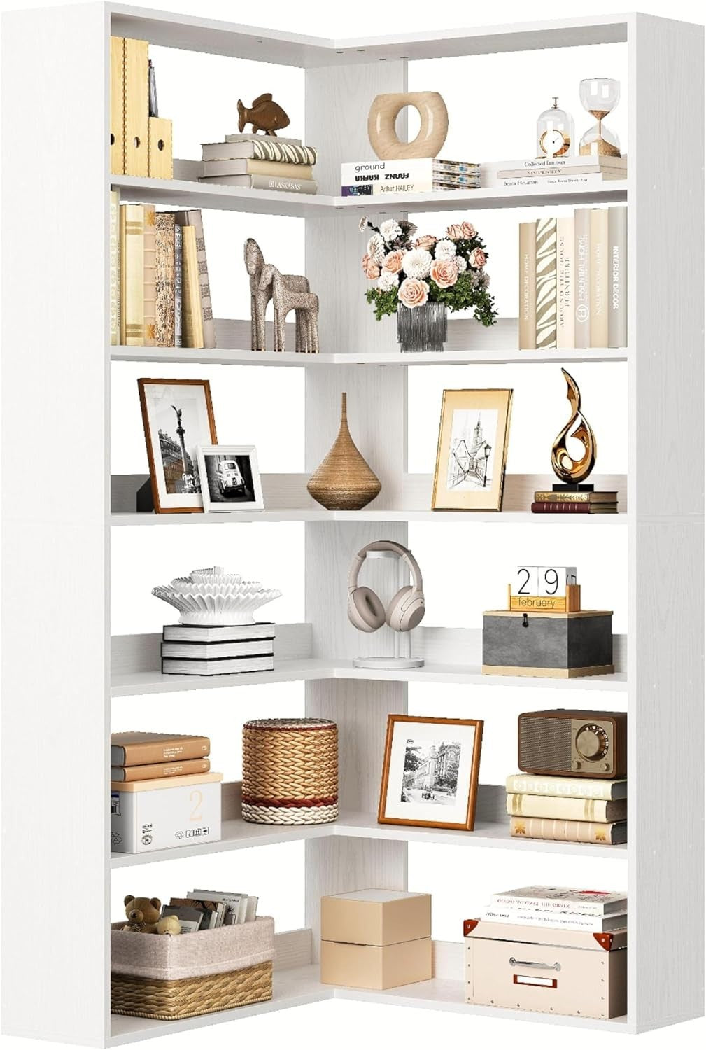 6-Tier Tall White Corner Bookshelf 180cm L-Shaped Storage Rack