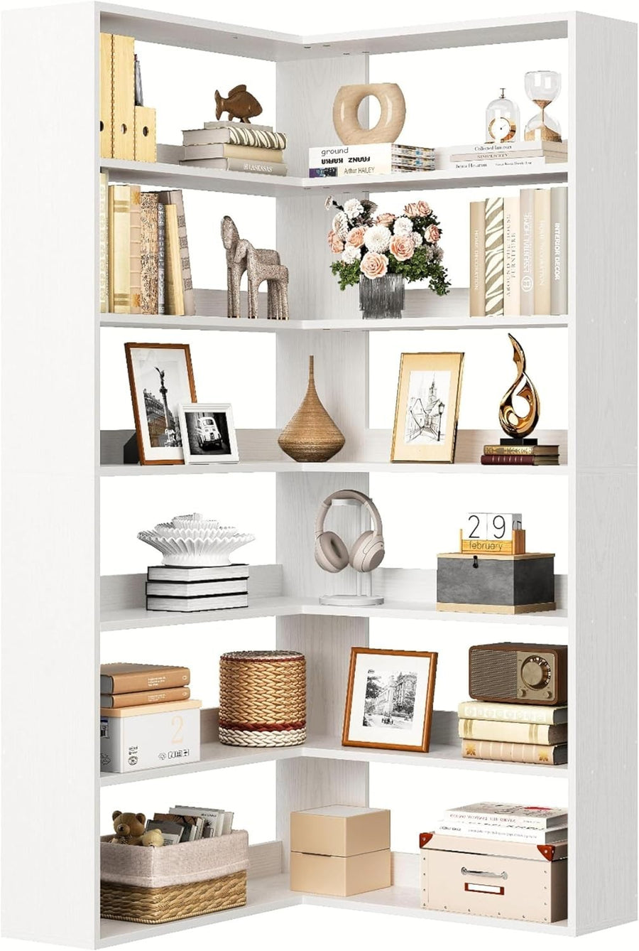 6-Tier Tall White Corner Bookshelf 180cm L-Shaped Storage Rack