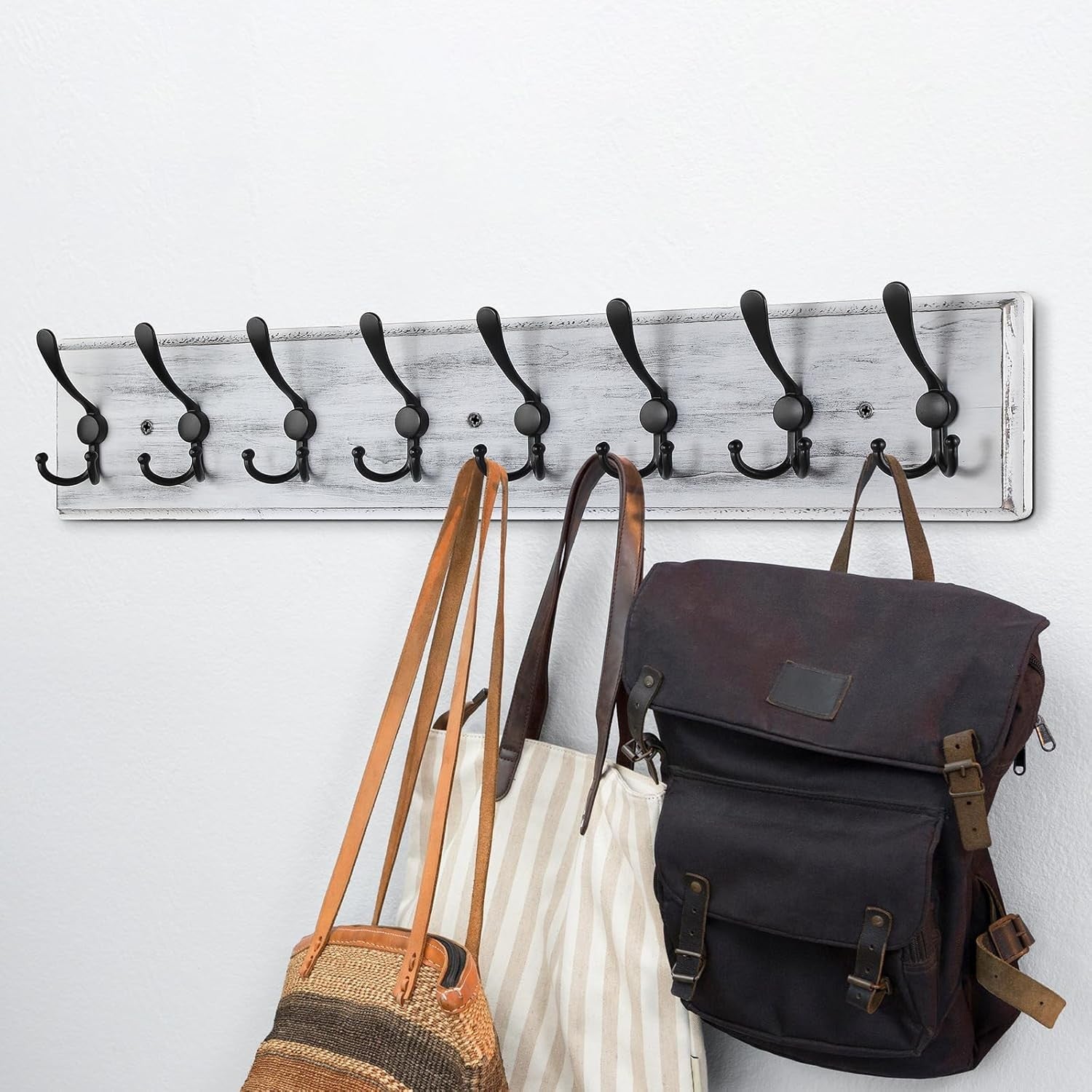 Grey Wooden Wall Mounted Coat Rack | 8 Hook Heavy Duty Hanger for Hallway