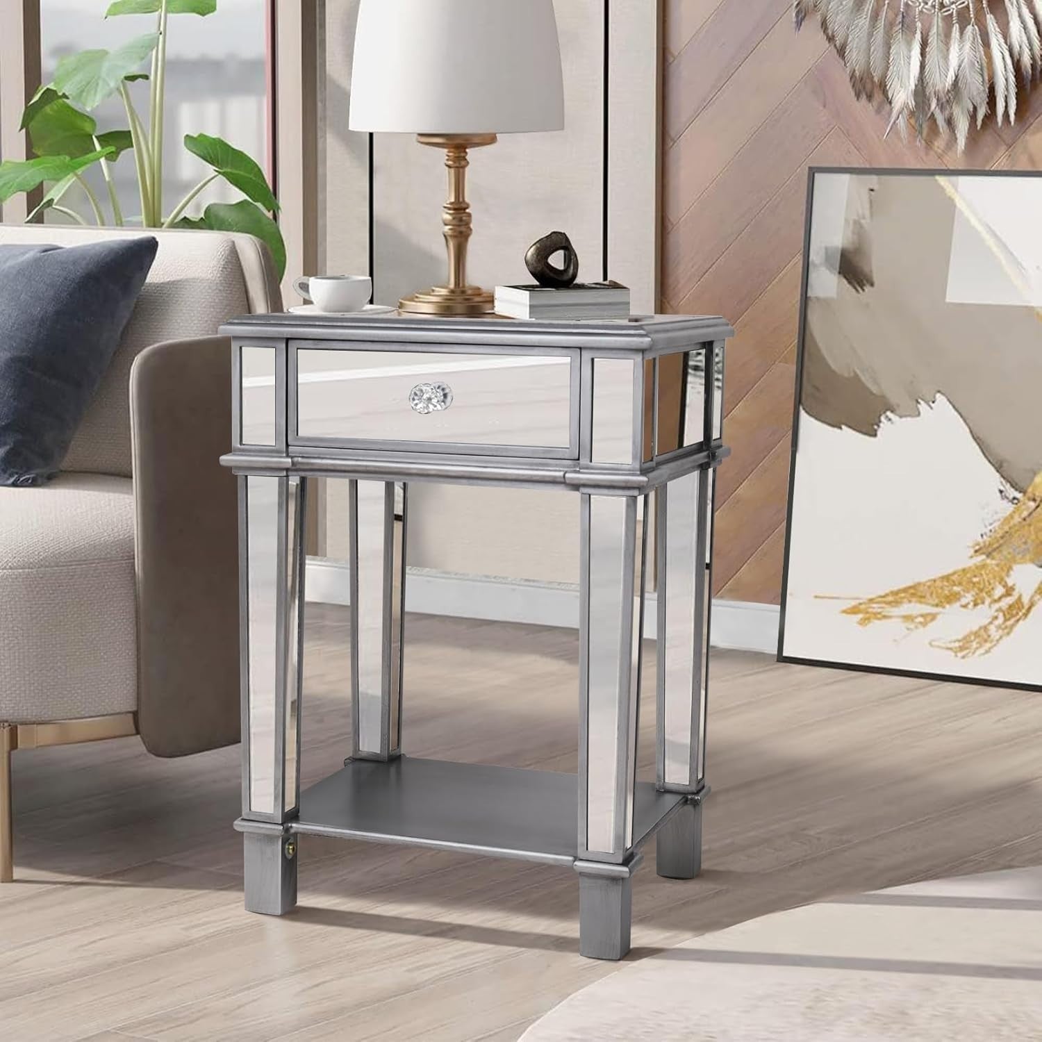 Silver Mirrored Bedside Table with Drawer & Shelf – Luxury Glass Nightstand