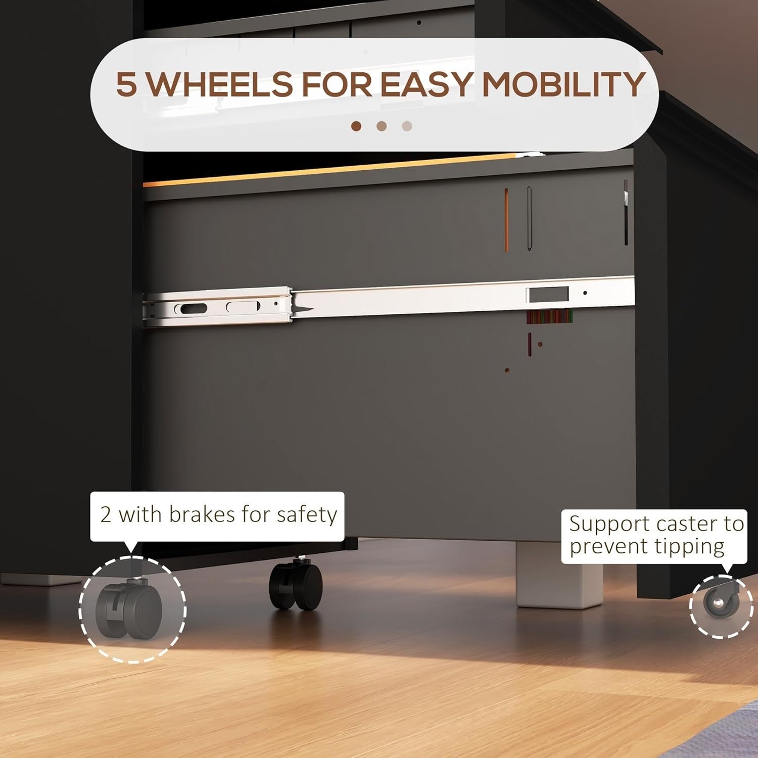 Black 3 Drawer Mobile Filing Cabinet Lockable Steel Office Storage with Wheels