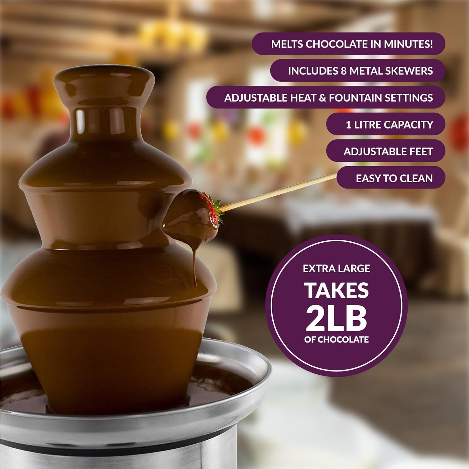 Electric Chocolate Fountain 3 Tier Fondue Set 1L Party Machine 8 Skewers