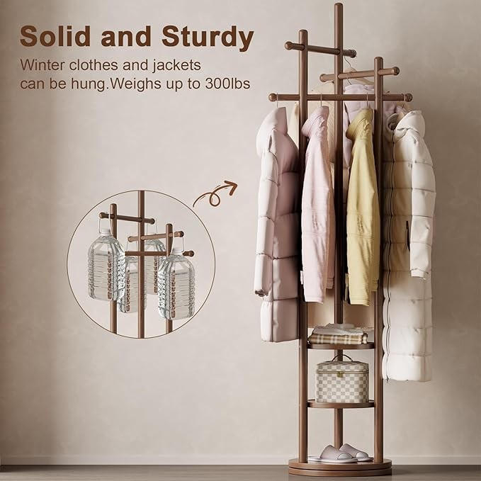 Walnut Wooden Coat Rack Stand | 3 Shelves Rotating 9 Hooks Hall Tree Organiser