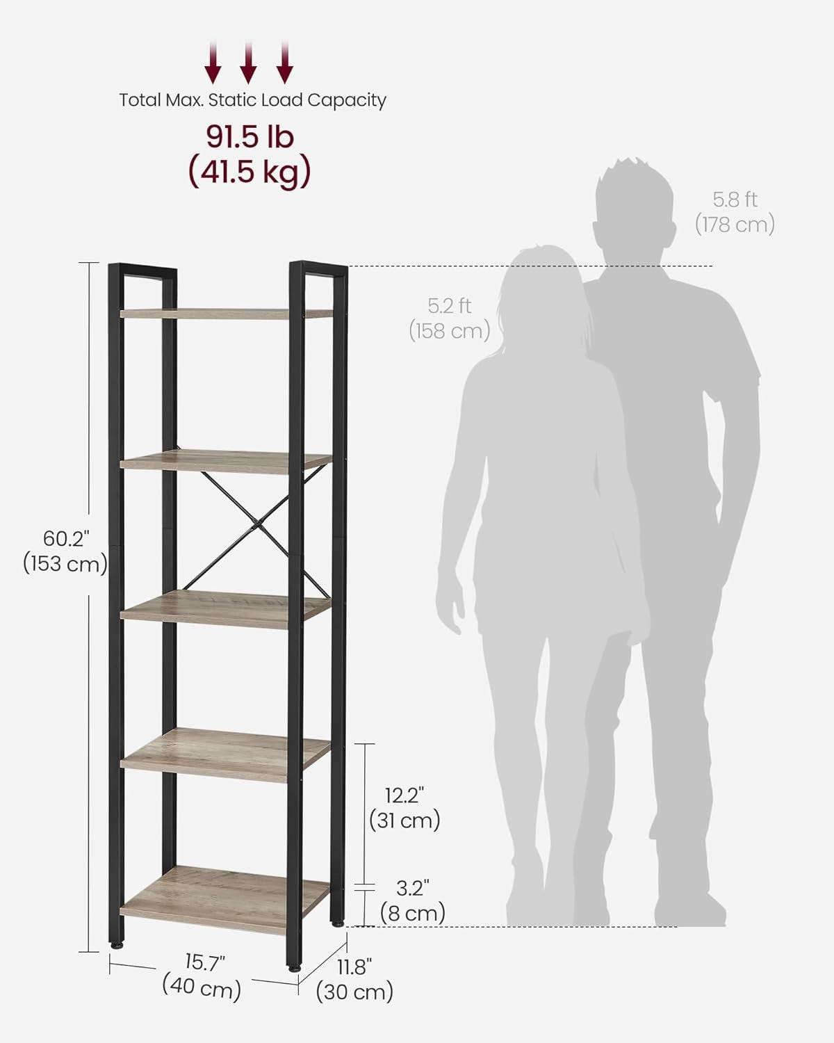 5-Tier Heather Greige Industrial Bookcase – Tall Narrow Storage Shelf Unit