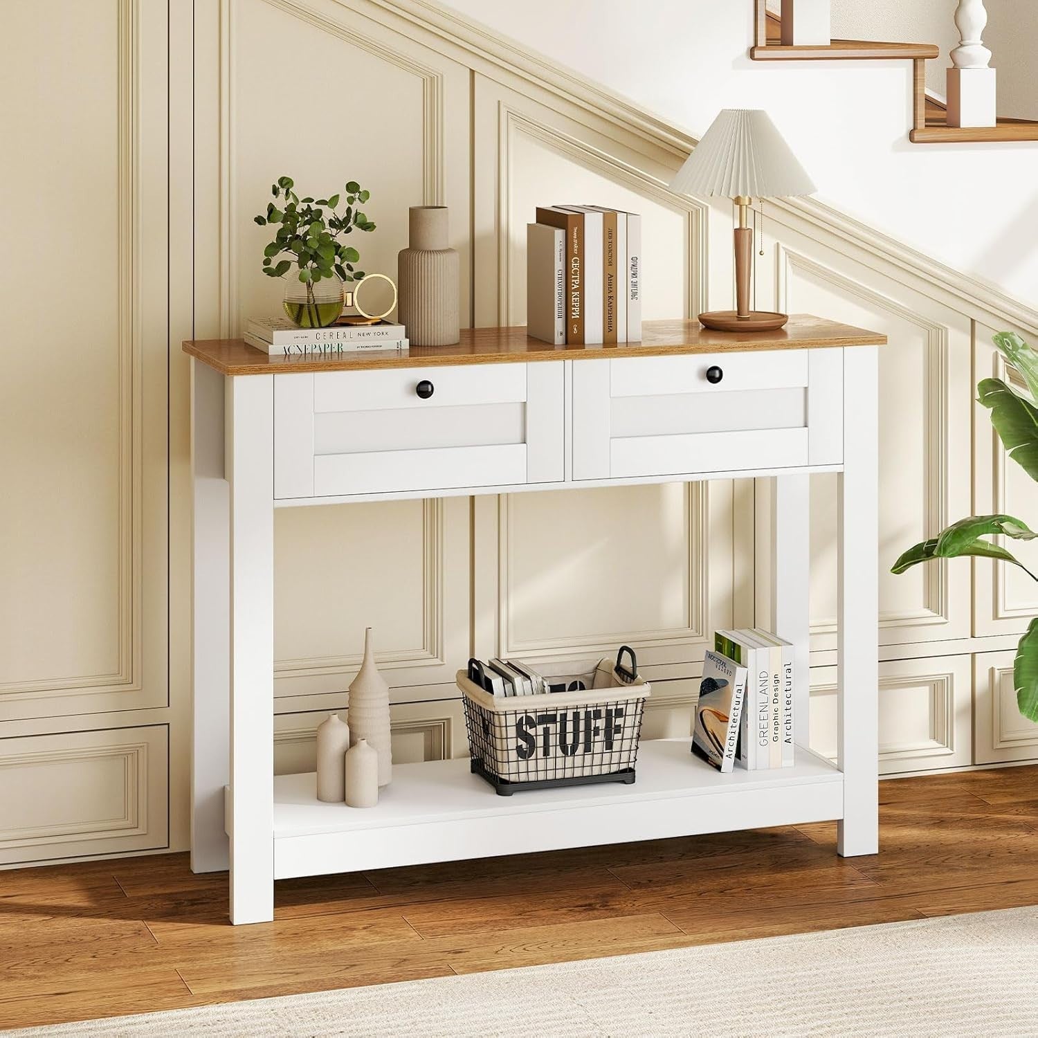 Slim Rustic Console Table 2 Drawers Open Shelf Hallway Storage 106x30x81cm