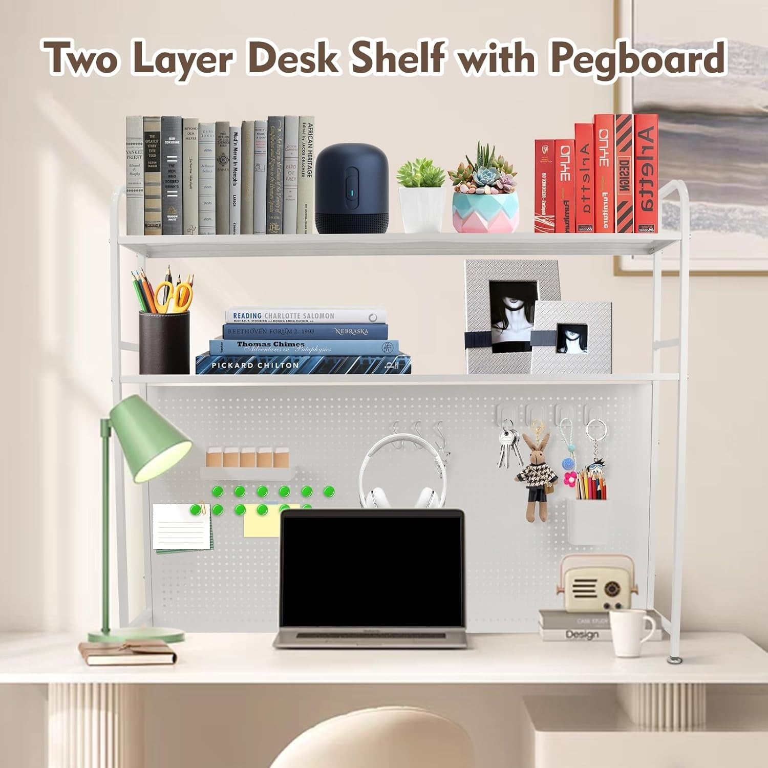 2-Tier Desktop Shelf with Pegboard Space-Saving Metal Storage Rack