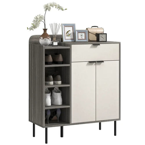 Modern Shoe Cabinet Storage Unit with Drawers & Open Shelves - Grey White
