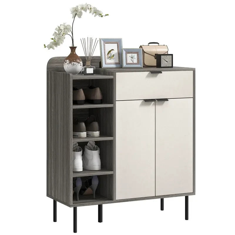 Modern Shoe Cabinet Storage Unit with Drawers & Open Shelves - Grey White