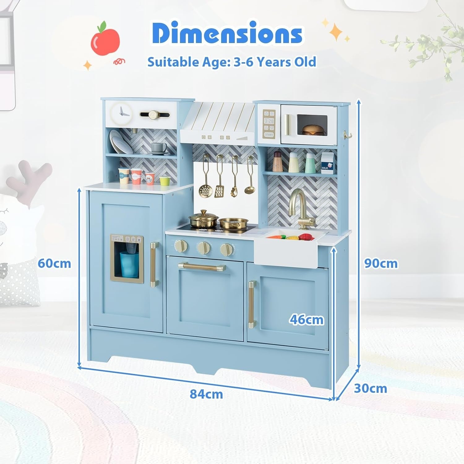 Wooden Kids Play Kitchen Blue w/ Coffee Station Ice Dispenser Set
