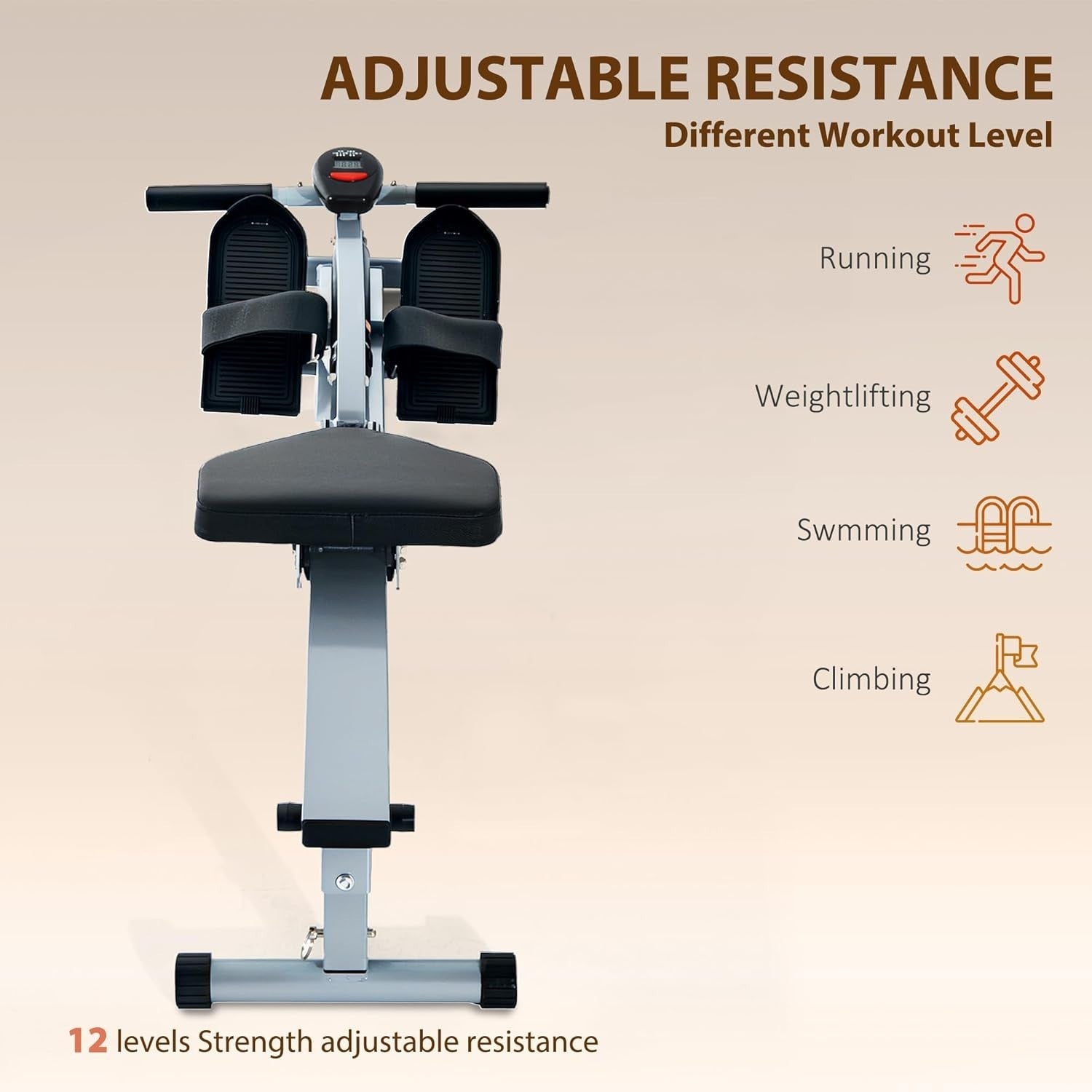 Compact Hydraulic Rowing Machine 12-Level Resistance LCD Home Rower 100KG