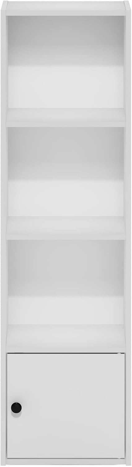 Modern 4-Tier White Bookshelf with 1 Door Cabinet Durable Storage Shelf