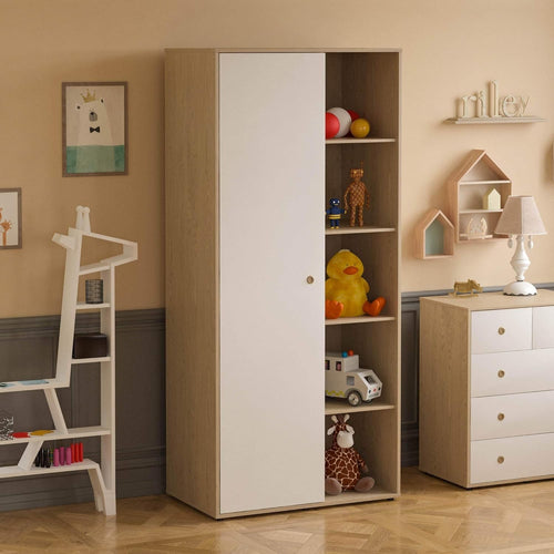 Children’s Wardrobe with Shelves & Rail, White Oak Kids Storage Cabinet